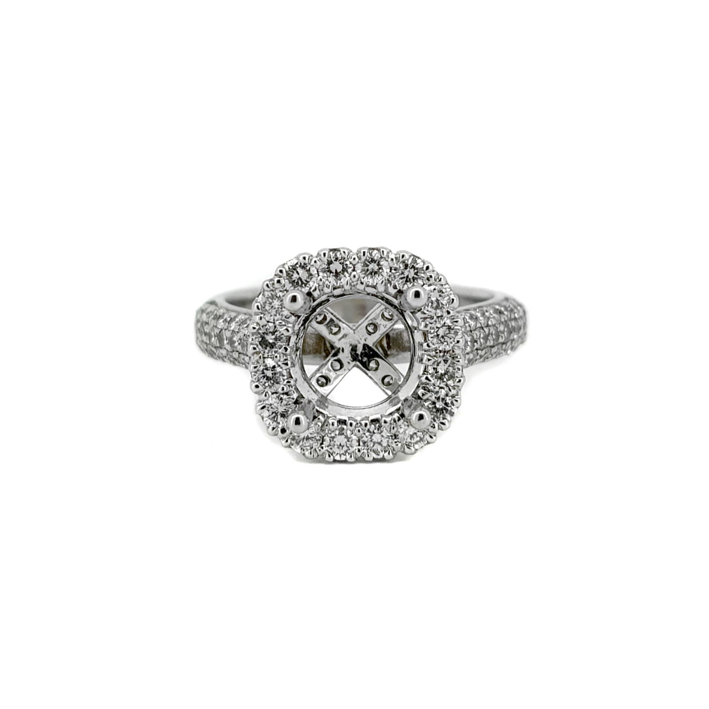 18K White Gold Cushion Halo Engagement Ring with 3 Rows of Diamonds