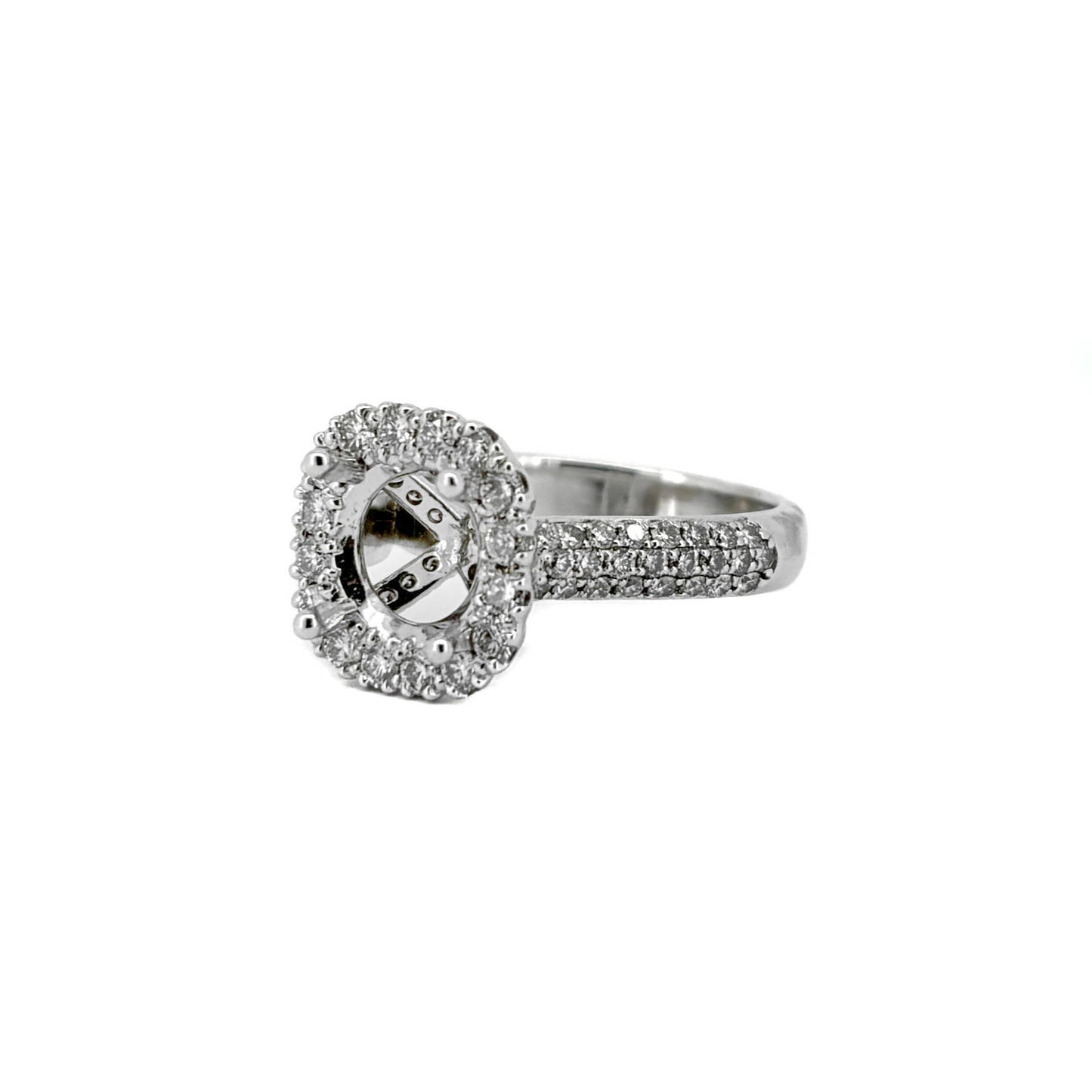 18K White Gold Cushion Halo Engagement Ring with 3 Rows of Diamonds