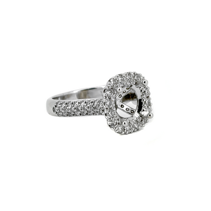 18K White Gold Cushion Halo Engagement Ring with 3 Rows of Diamonds